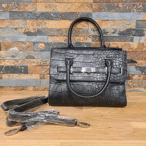 BEBE Cindy Crocodile Satchel Gunmetal Faux Leather Cross Body Bag